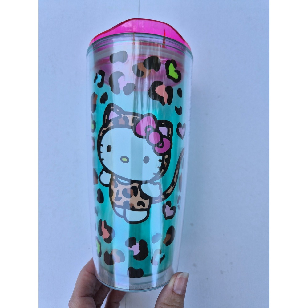 Sanrio Hello Kitty Leopard Print Iridescent Teal Travel Tumbler Pink Lid 20oz